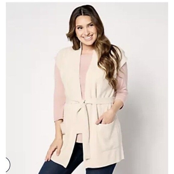 Barefoot Dreams CozyChic Ultra Lite Sleeveless Shawl Vest 3X Stone Tie Waist - Picture 13 of 13